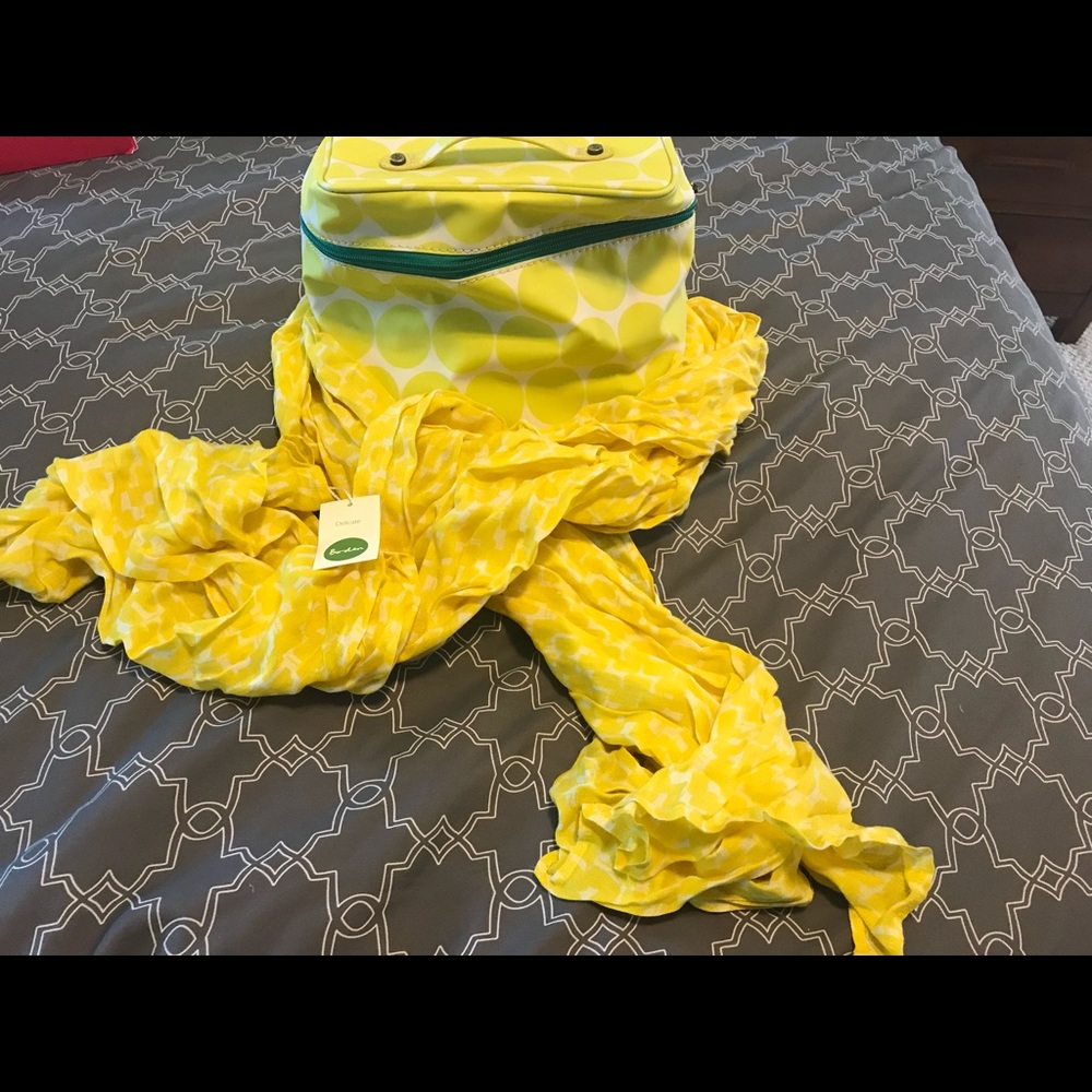 Boden cosmetic case & lightweight yellow scarf.